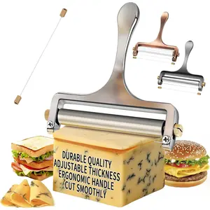 Wire Cheese Slicer Stainless Steel Handheld Cheese Cutter for Mozzarella, Cheddar, Gruyere - with 1 Extra Wire - Adjustable Thickness Cheese Shaver for Block Cheese (Silver)