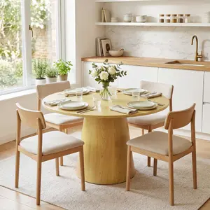 110cm 4-seater round wooden pedestal dining table, space saving modern dinner table with natural wood finish, sturdy build & easy assembly fit for small apartments and compact dining areas | HomeDiningEssentials