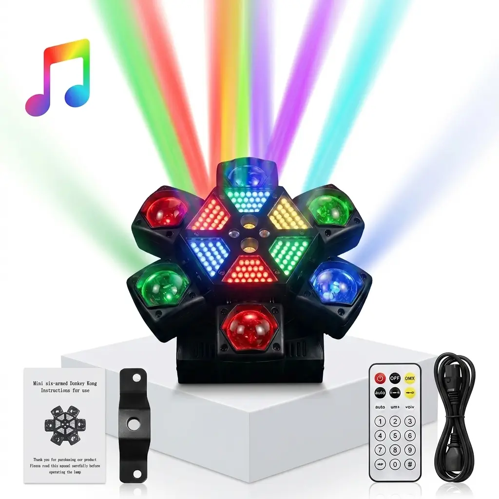 XNK 200W 6-Arm Moving Head DJ Lamp, Bee Eye RGBW Beams Dynamic Lights with Red & Green Lasers, Music Sync, Sound Activation, DMX512, Remote Control, Color-Changing for Home Parties, Events