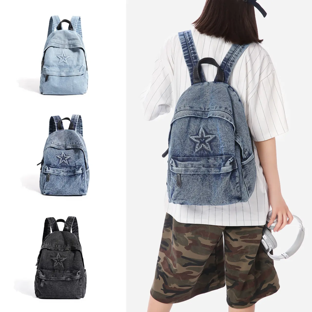American-Style Y2K Vintage Washed Denim Backpack with Star Embroidery, Distressed Finish, Durable High-Capacity Multi-Compartment Design for Street Style, Commuting