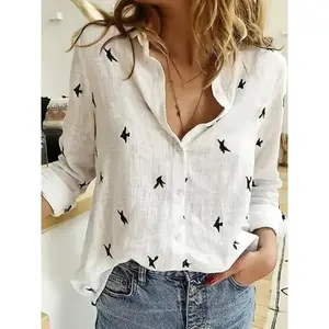 Women’s minimalist basic comfort button-front long-sleeve shirt with a bird print, casual for spring and fall