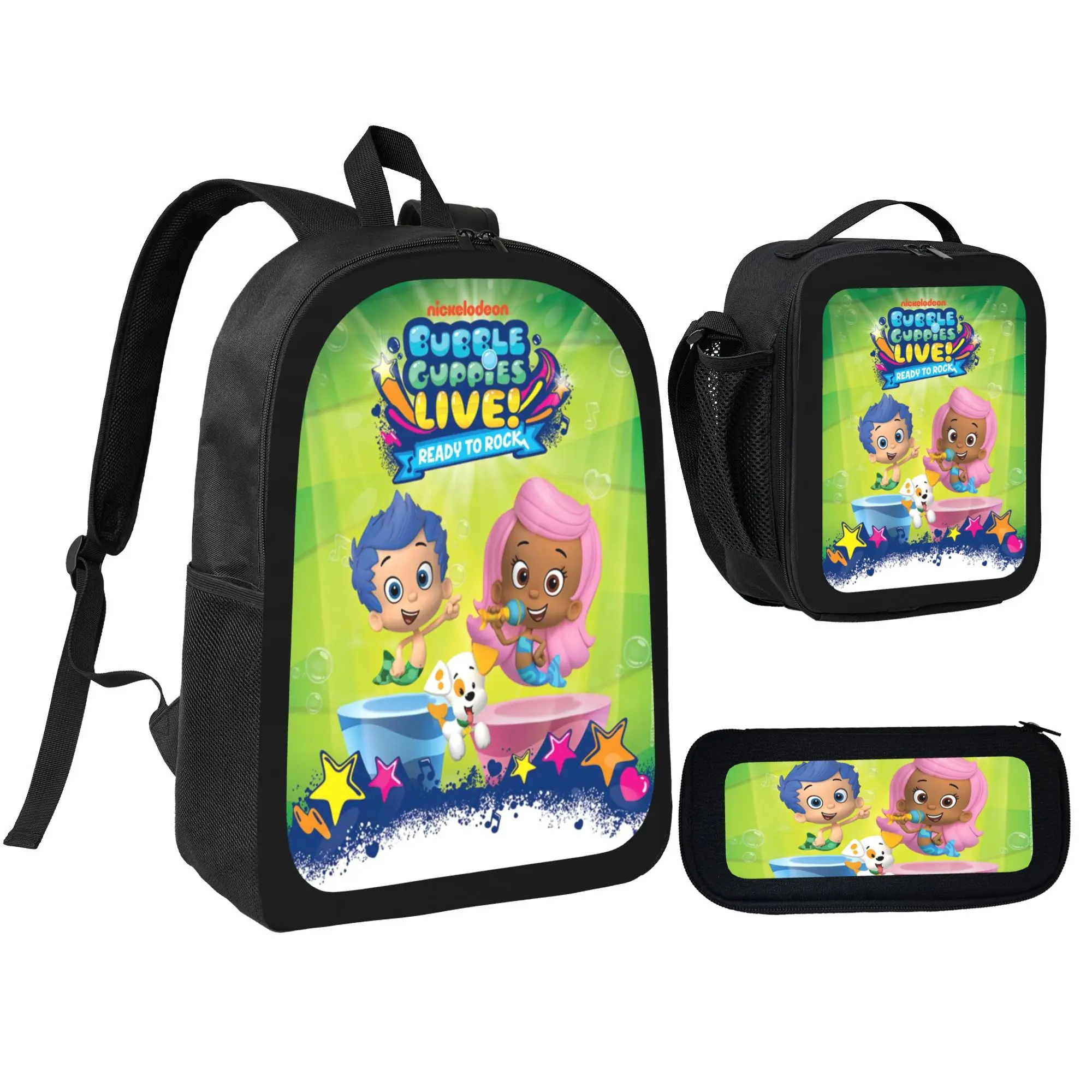 Bubble Guppies Backpack Set, 3 in 1 Cute Cartoon Print School Bag Combo, Lightweight Casual Backpack with Insulated Lunch Bag and Pencil Case, Stylish Daypack for Teens Boys Girls Kids Cartoon Fans Daily Use