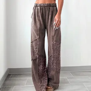 Womens Mineral Wash Leopard Patchwork Pants Loose High Waist Wide Leg Pants