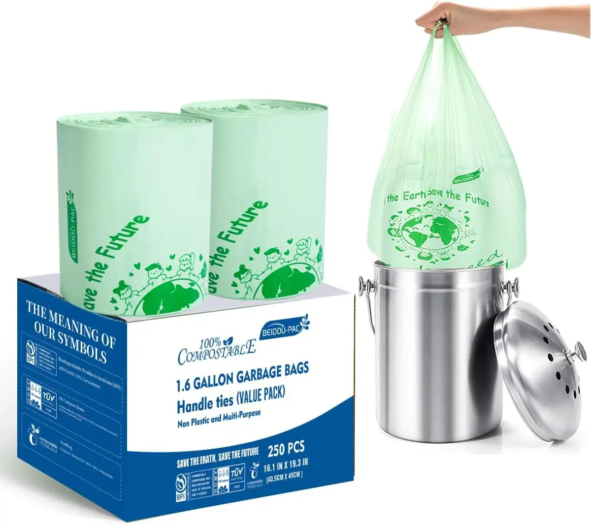 BEIDOU-PAC 1.6 Gallon Compostable Trash Bags with Handle, 250 Count Small Compost Kitchen Garbage Bags, Food Scrap Waste Bags for Countertop Bin, ASTM D6400, US BPI Certified