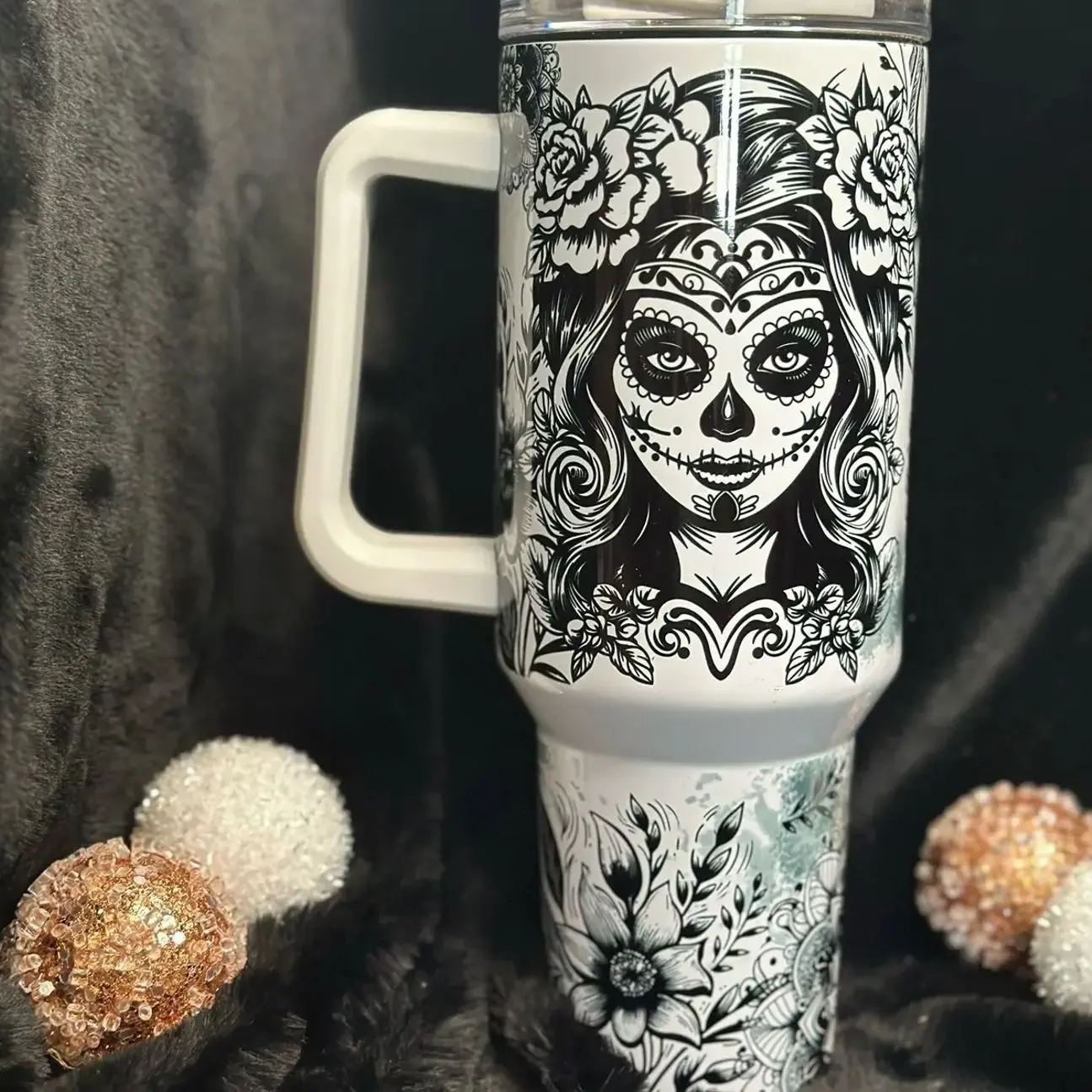 40oz Sugar Skull Tumbler with Handle, Floral Skull Stainless Steel Insulated Travel Mug with Straw