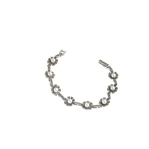 925 Marcasite Bracelet with Pearl Accents – 6” & 7” – Elegant Silver Tone Jewelry for Women