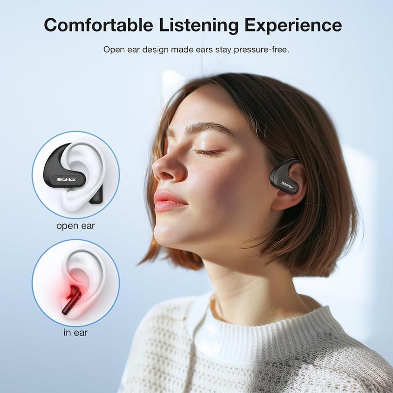 Open Ear Headphones Call Noise Cancellation, Comfort Wear, Enhanced Bass, True Wireless Earbuds for LED Power Display, 60H Playtime, Bluetooth 5.3, IPX5 Running Working