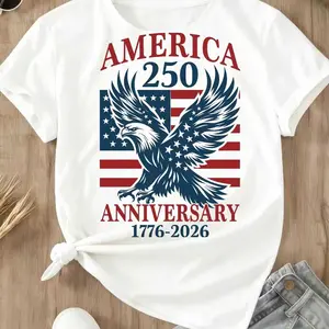 America 250 Anniversary Eagle And Flag Print T-Shirt Crew Neck Casual Tee For Independence Day Celebration