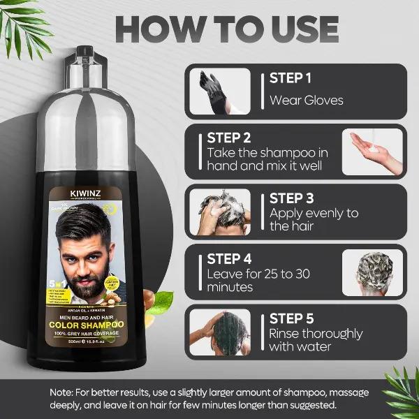 KIWINZ PRO 5 in 1 Men Beard & Hair Dye Shampoo - 5-in-1 Formula with Argan Oil & Keratin - No Stain on Skin - Anti-Hair Loss - Moisturizing & Breakage Solution - Hair Color Shampoo for Men Haircare Conditioner 500ml