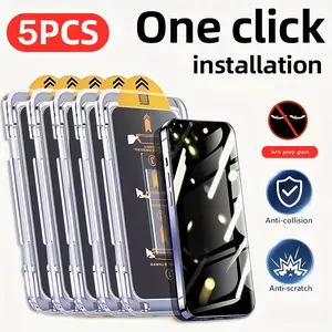 5 pack Oleophobic Coating Dust free One click installation Privacy Screen Protector Compatible With iPhone 17 16 Pro Max 16e 15 14 13 12 11 Pro Max Plus XR X XS MAX 12 13 Mini, 9H Tempered Glass, Full Cover, Anti-Scratch, Anti-Fingerprint