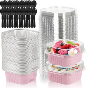 35 Pack 5 OZ Square Mini Baking Pans with Lids, 3.5x3.5 Inch Mini Cake Tins, Aluminum Foil Baking Cups Disposable Cake Containers for Party, Wedding, Birthdays, Pink