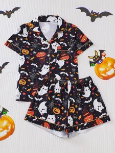 Msrlassn Women's Halloween Print Lapel Neck Pajama Set Casual Comfy Short Sleeve Top & Shorts Pj Set Ladies Sleepwear for All Seasons Loungewear
