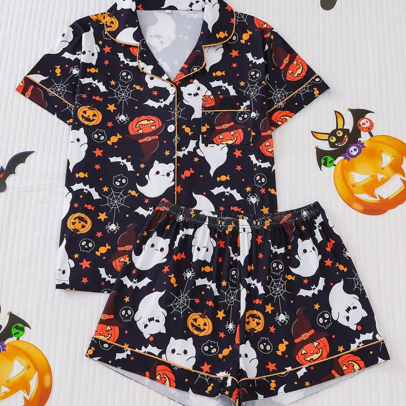 Msrlassn Women's Halloween Print Lapel Neck Pajama Set Casual Comfy Short Sleeve Top & Shorts Pj Set Ladies Sleepwear for All Seasons Loungewear