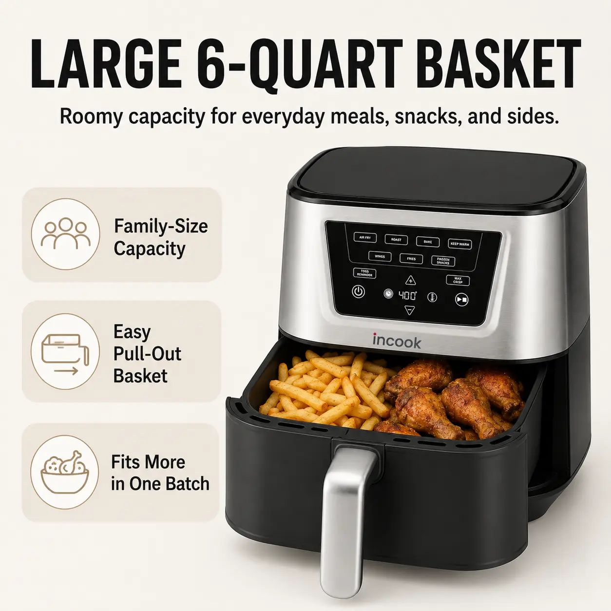 INCOOK Air Fryer, Large 6-Quart Basket with 4 Cooking Functions to Air Fry, Bake, Roast, and Keep Warm, 3 Presets, PFAS-Free, Dishwasher-Safe Parts, AIR-180, Black & Stainless Steel