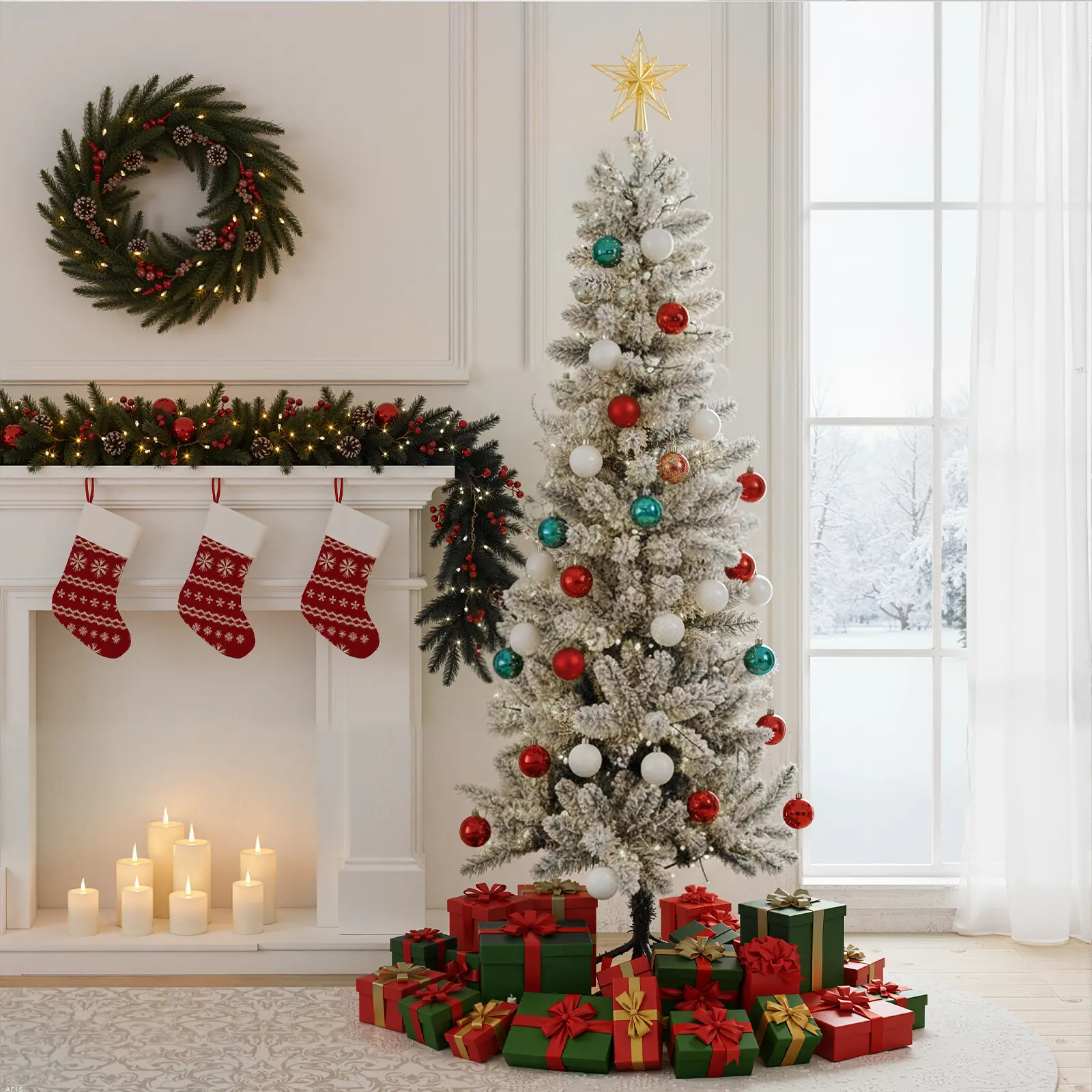 Pre-lit PVC Pencil Christmas Tree Set - Green Artificial Spruce, Slim Form, 250 Incandescent Bulbs, 571 Branch Tips, Foldable Metal Base, Ornament-Compatible, Home Decor Ornaments, Holiday & Party Lighting Decoration