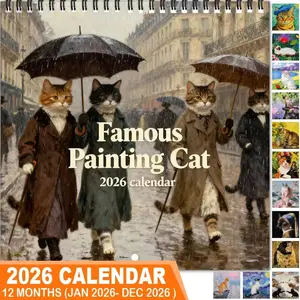 2026 Adult Cat Theme Wall Calendar, 12-Month Artistic Colorful Illustrations, 7.9in X 7.9in Perfect Size, Cute Fun Cat Art Decor Gift, Office Stationery Supplies