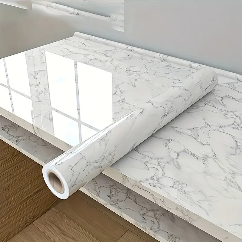 Smooth Surface Marble Pattern Self-Adhesive Kitchen Wallpaper Peel and Stick Roll, Waterproof, Heat Resistant, Oil Resistant, Ideal for Kitchen and Bathroom, Easy Application Furniture Renovation Sticker
