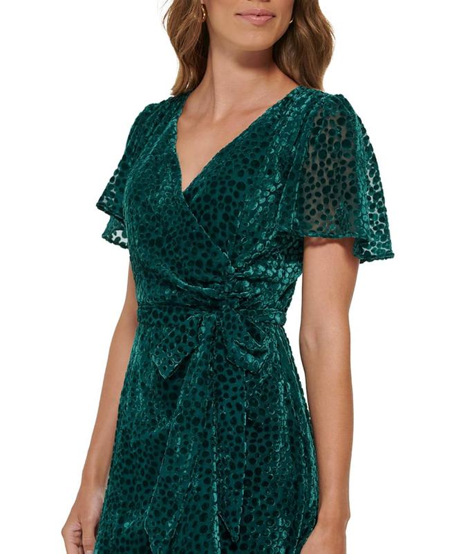 DKNY Women's Green Burnout Velvet Flutter-Sleeve Midi Dress