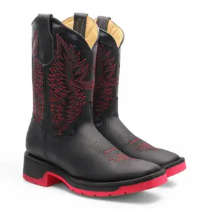 Men’s Square Toe Black Boots Rubber Sole w/ Red Bottom