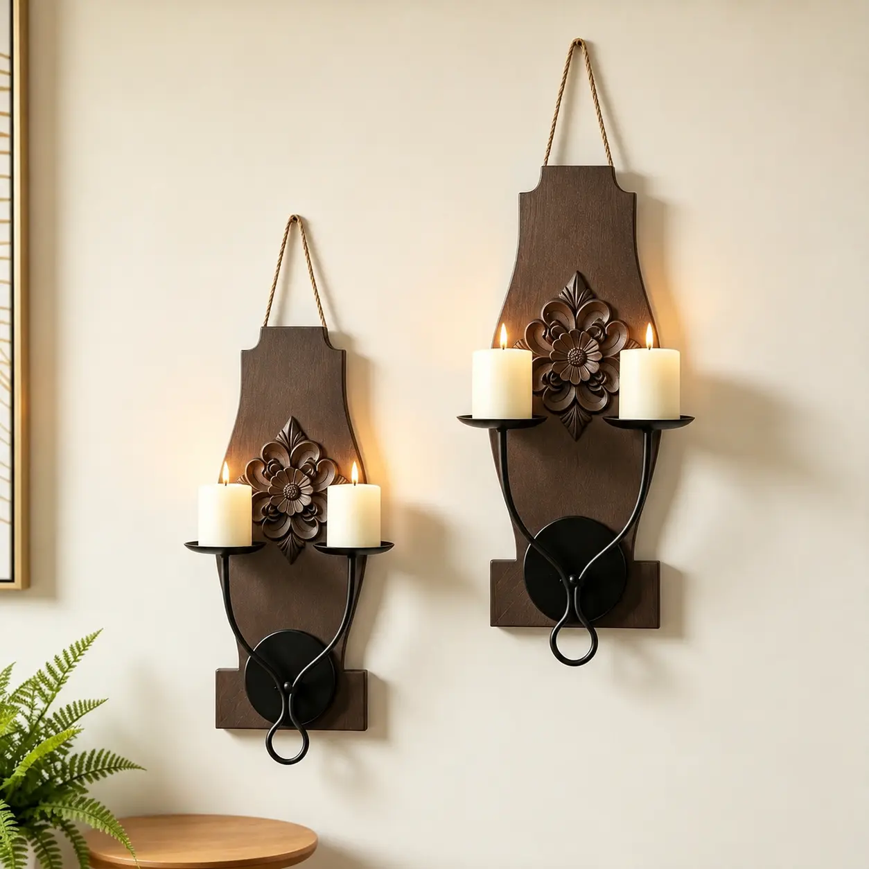 Rustic Wooden Wall-Mounted Candle Holder Set of 2, Farmhouse Style Wall Candle Holder Stand, Wall Candle Decor Home Accessories, Interior Decoration, Great for Living Room, Bedroom & Entryway Home Goods