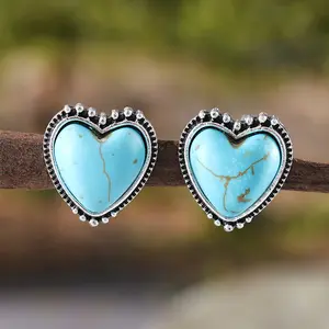 Bohemian Chic Turquoise Earrings with Colorful Heart Inlays - Vintage Minimalist Dangle Accessories, Handcrafted Indie Jewelry for Unique Everyday Style