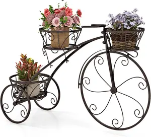 Metal Bicycle Planter, 3 Tier Tricycle Flower Plant Stand w/ 3 Decorative Wheels, Parisian Style Flower Display Stand Cart for Home Decor Patio Garden Flower Shop Indoor Outdoor (Bronze)