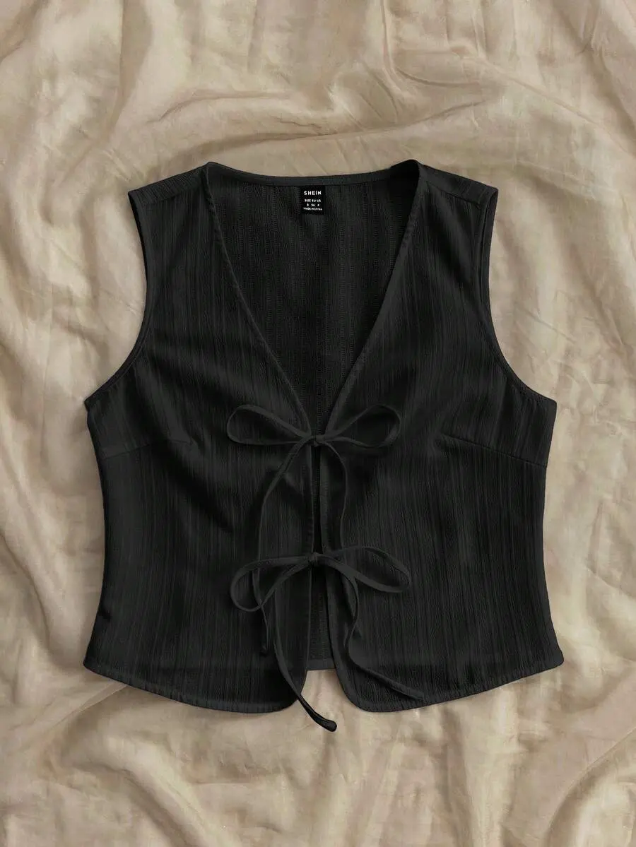LUNA LAYER Women Vacation Woven Textured Open Front Tie Knot Camisole Black Casual Layering Top