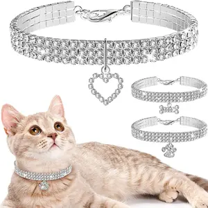 3-Pack Bling Pet Collars – Adjustable Rhinestone Cat & Dog Collars with Crystal Pendant (White)