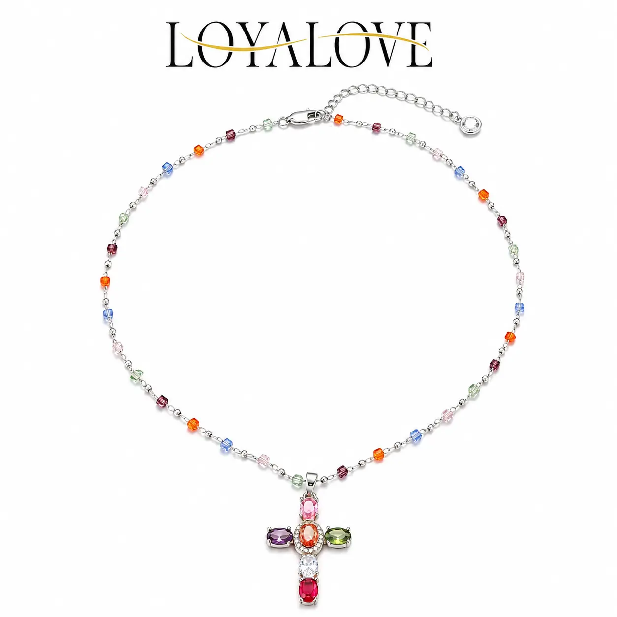 LOYALOVE Colorful CZ Cross Pendant Necklace for Women, Silver Tone Beaded Chain, Dainty Y2K Faith Jewelry, Adjustable Statement Necklace, Gift for Her