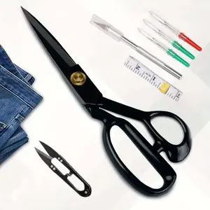 7PCS Fabric Scissor Kit - 10" Heavy Duty Sewing Scissors - Pet Grooming & Trimming - 3* Thread Remover, 1* Clothing Ruler, 1* Engraving Pen, 1* Small Scissors, for Leather Clothes