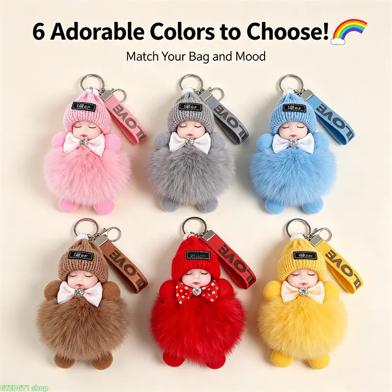 Faux Fur Pom Pom Keychain Bag Pendant, Whimsical Sleeping Baby Doll with Polka Dot Bow, Holiday Gift Charm for Women Girls