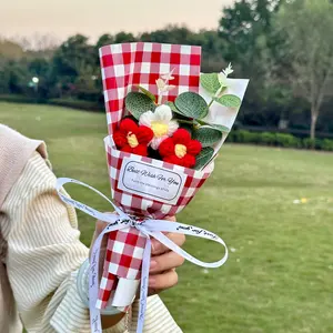 Valentine's Day Grid Puff Small Bouquet Handmade Knitted Finished Flower Arrangement Gift for Girlfriend Mother's Day Creative Bouquet