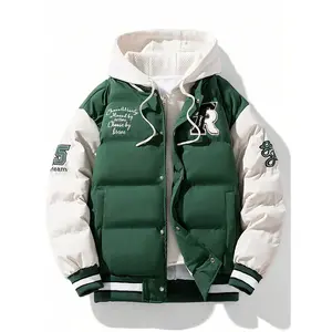 Bmuvlss Yilong  Men's Casual Hooded Jacket - Color-Block Faux Two-Piece Design with Embroidered Lettering, White & Brown Contrast, Polyester Fill, Machine Washable, Regular Fit for Autumn Winter, Winter Hoodie, Cold Weather Wear, Stylish Outerwear, Warm L