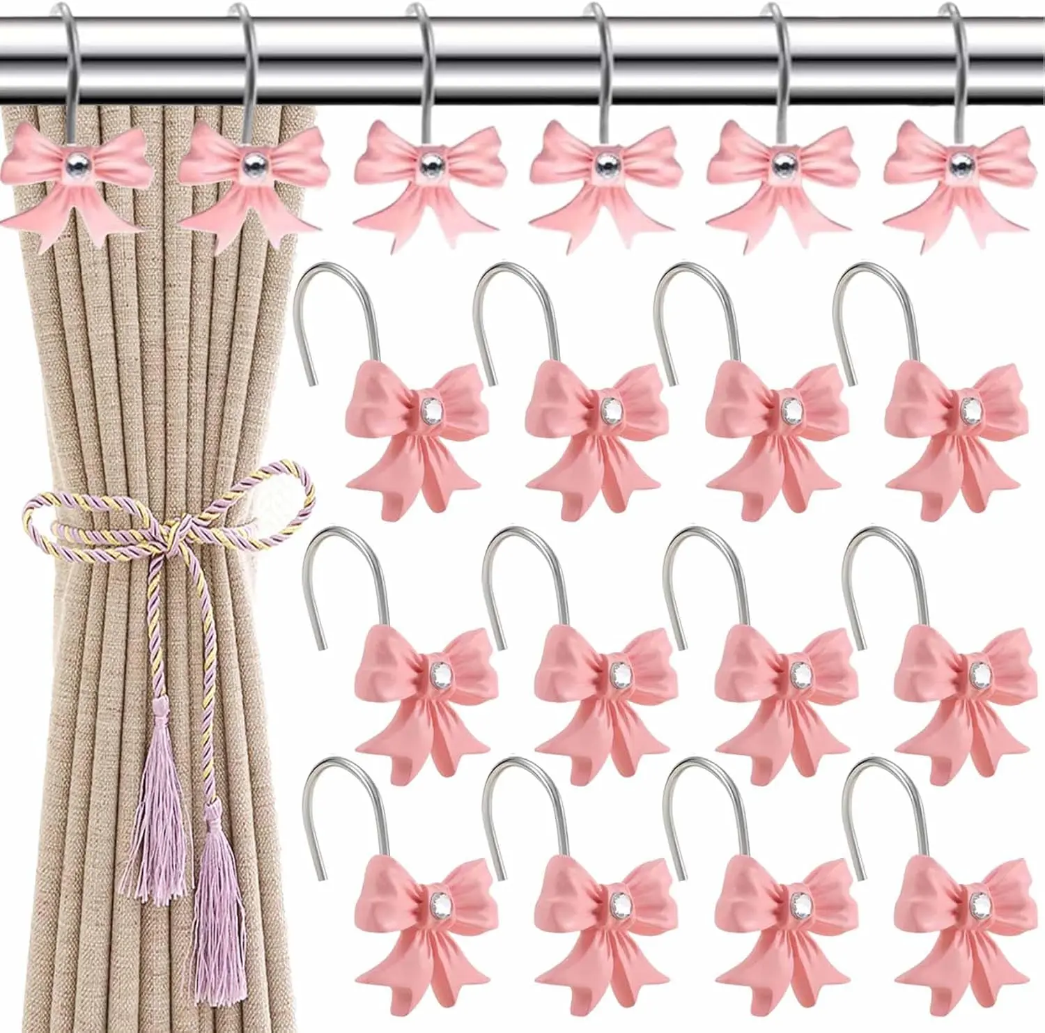 12Pcs Vintage Pink Bow Resin-Metal Shower Curtain Hooks Set, Hanging Bath Rings for Shower Curtain Rod, Cute Girls' Room Bathroom Decoration Accessories (Stainless Steel Components)