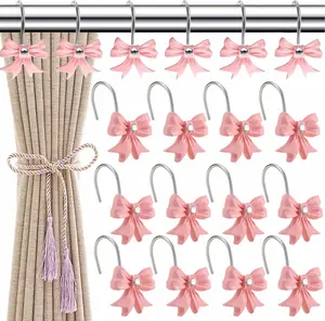 12Pcs Decorative Shower Curtain Hooks Set, Pink Bow Knot Shower Curtain Hooks, Girls Room Cute Art Deco, Resin Stainless Steel Bath Rings Bathroom Bedroom Hangers Accessories