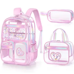 Fimibuke Clear Backpack with Lunch Box & Pencil Case - 3 PCS Heavy Duty Transparent PVC Schoolbag Large Waterproof Bookbag for Travel School Concert Stadium Events Backpacks