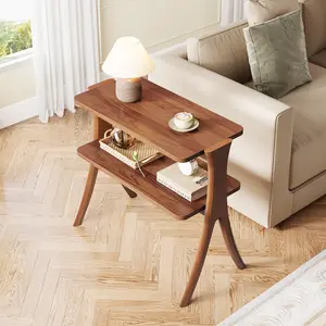 Tribesigns Narrow Side Table for Living Room, Farmhouse End Table with 2-Tier Storage Shelf, Solid Wood Legs, Slim Tall Design, Walnut Finish Furniture Minimal