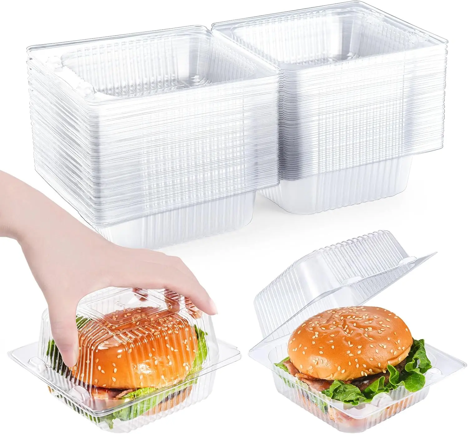 50 Pcs Heavy Duty Plastic Clear Food Containers with Lids | Disposable Hinged Individual Cake Slice Containers , To Go Food Containers for Dessert, Hamburger, Cookies, Salads, Snacksetc