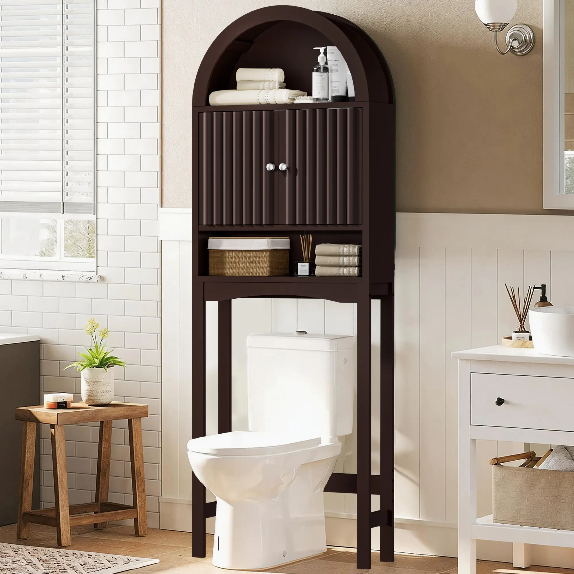 Dragosum Freestanding Over-The-Toilet Storage Cabinet - Sturdy Solid Wood Bathroom Furniture with Fluted Door, Arch Design, Anti-Tipping Device, Adjustable Shelves, Cabinet Enclosure, Dual-Functionality for Bathroom Upgrade, Fits Most Toilets, Over Toilet