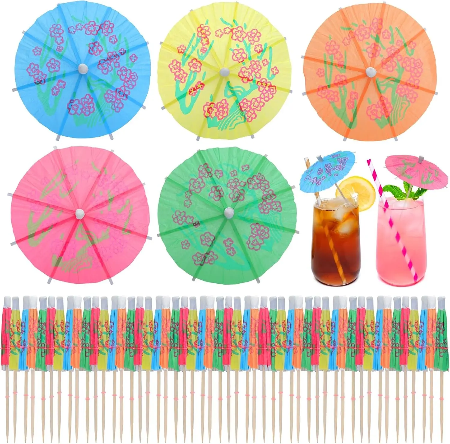50 Pcs 4" Mini Colorful Paper Cocktail Umbrellas Disposable Drink Garnish Toothpicks for Tropical Luau Bar Party Decorations