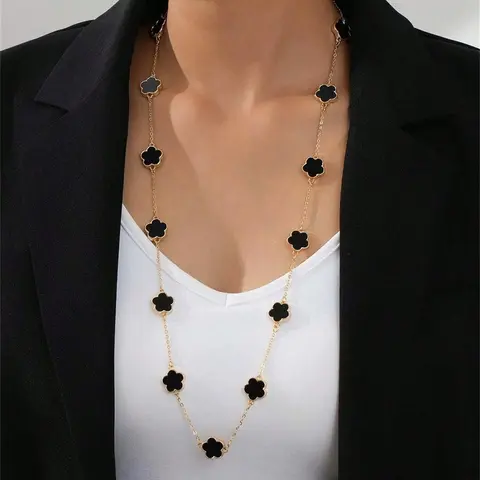 Elegant Lucky Clover Pendant Alloy Necklace for Women, Chic Gorgeous Jewelry, Long Chain Design Perfect for Daily Wear & Sweater Matches, Clover Necklaces