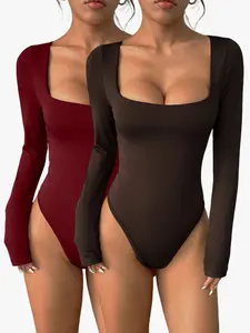 Women's Long-Sleeve Fitted Bodysuit 2-Piece Set, Basic Knit Casual Womenswear, tailored to fit the body, simple yet versatile, perfect for daily wear and office commuting.