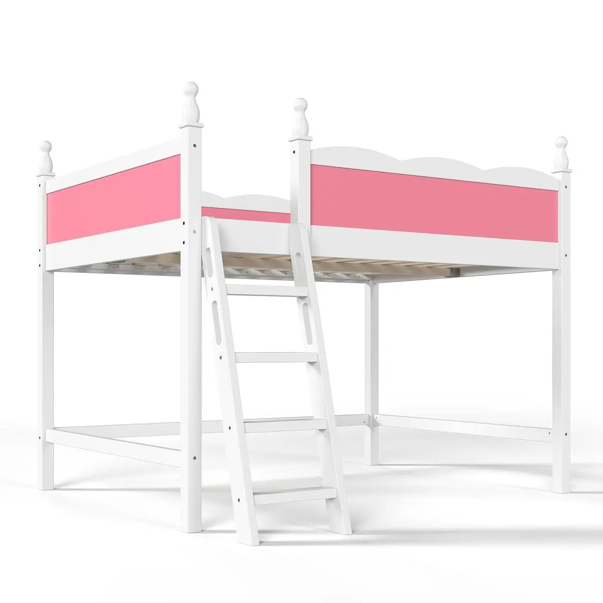 Full Size Loft Bed with Full-Length Guardrails, Solid Wood Loft Bed with Ladders and Ample Under-Bed Space, Pink and White