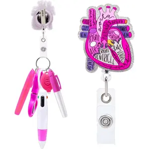 6 count Nurse Pen Set - Heart  Badge Reel Permanent Marker Ballpoint Pen Mini Highlighter Foldable Badge  LED Flashlight  Nurse Badge Reel Accessories for Work Students ()
