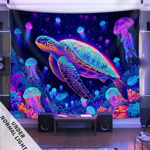 A Glowing Tapestry in The Dark Featuring Ultraviolet Designs of Ocean Turtles, Jellyfish, And Coral. It'S a Wrinkle-Resistant Indoor Decoration for Bedrooms, Living Rooms, And Parties That Requires No Electricity Or Installation