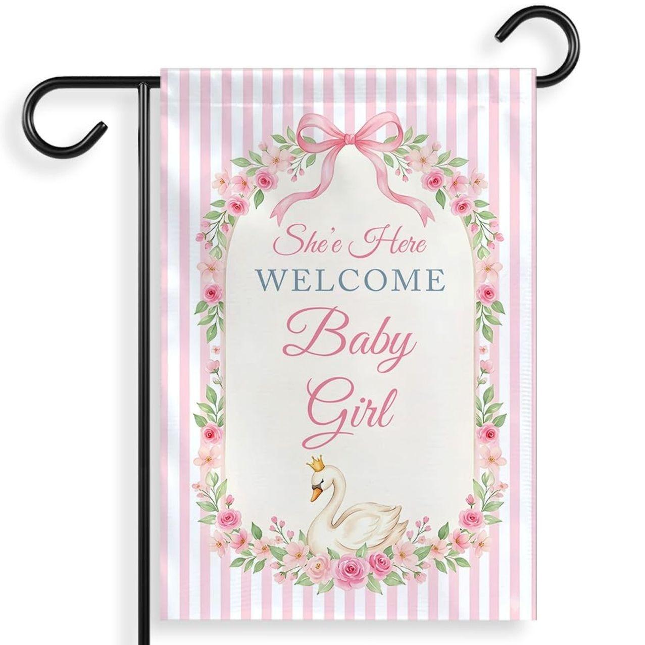 "She's Here" Welcome Baby Girl Garden Flag, Home & Baby Shower Announcement, Gender Reveal Newborn Decor.