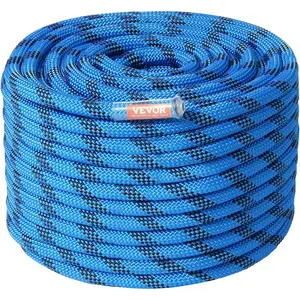 VEVOR 12.7mm Static Climbing Rope, 45.7M(150ft) Outdoor Rock Climbing Rope 30KN Breaking Tension, Fiber Rope with Steel Snap Hooks for Escape, Rappelling, Fire Rescue, Blue