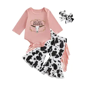 My First Rodeo Baby Girl Outfit Newborn Toddler Cowgirl Western Clothes Long Sleeve Romper Tassel Bell Bottom Pants Set