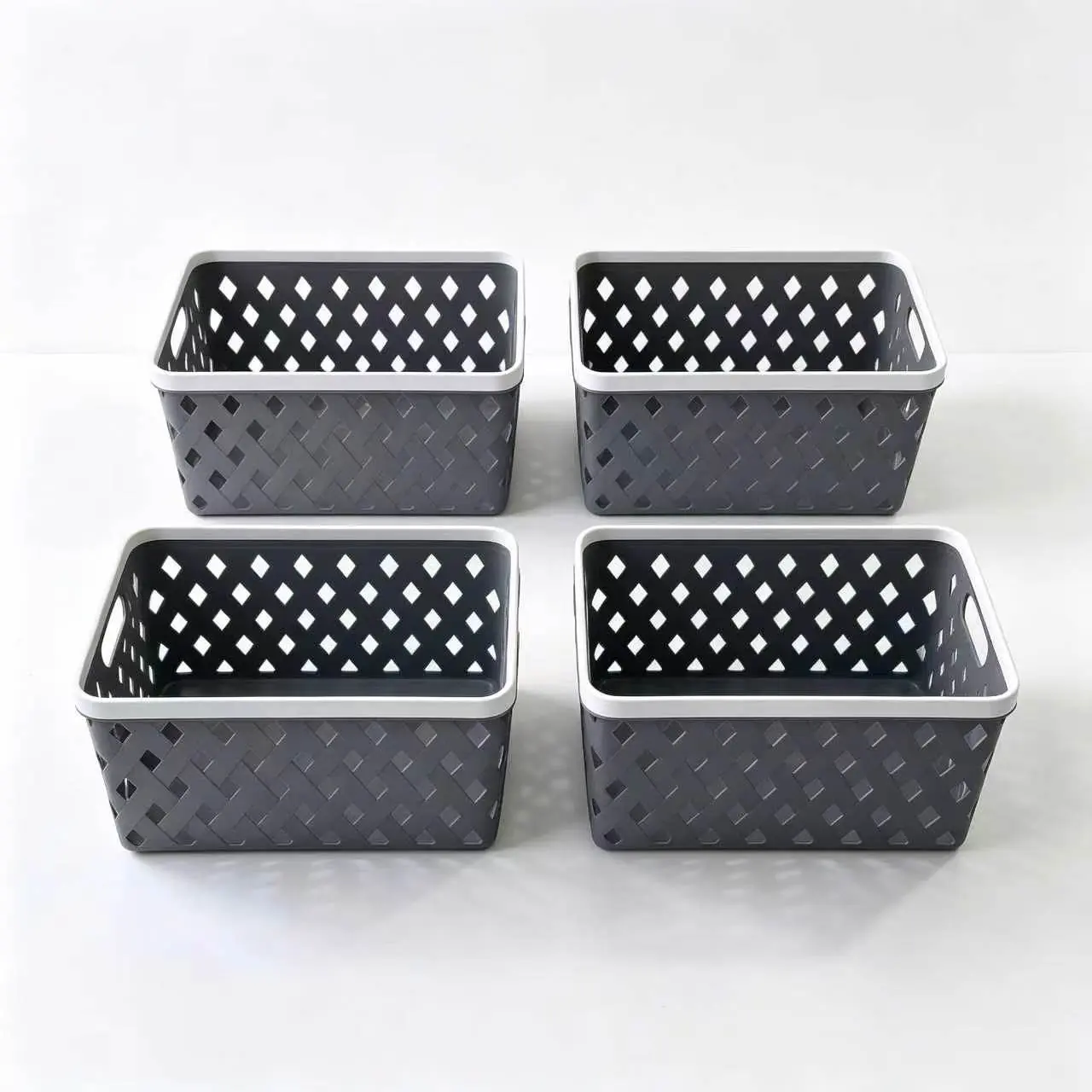 4-Pack Woven Hollow Plastic Storage Baskets with Dual Carry Handles, Stackable Nestable Grey-Trim Organizer Bins, Ventilated Multipurpose Bins for Bathroom, Bedroom Storage easter wall decor