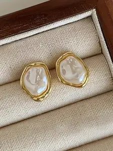 Elegant Pearl Ear Studs, Chic Irregular Oval Imitation Pearl Stud Earrings for Women - Golden-Tone Zinc Alloy, S925 Posts, Perfect for Daily Wear, Classic Style Earrings